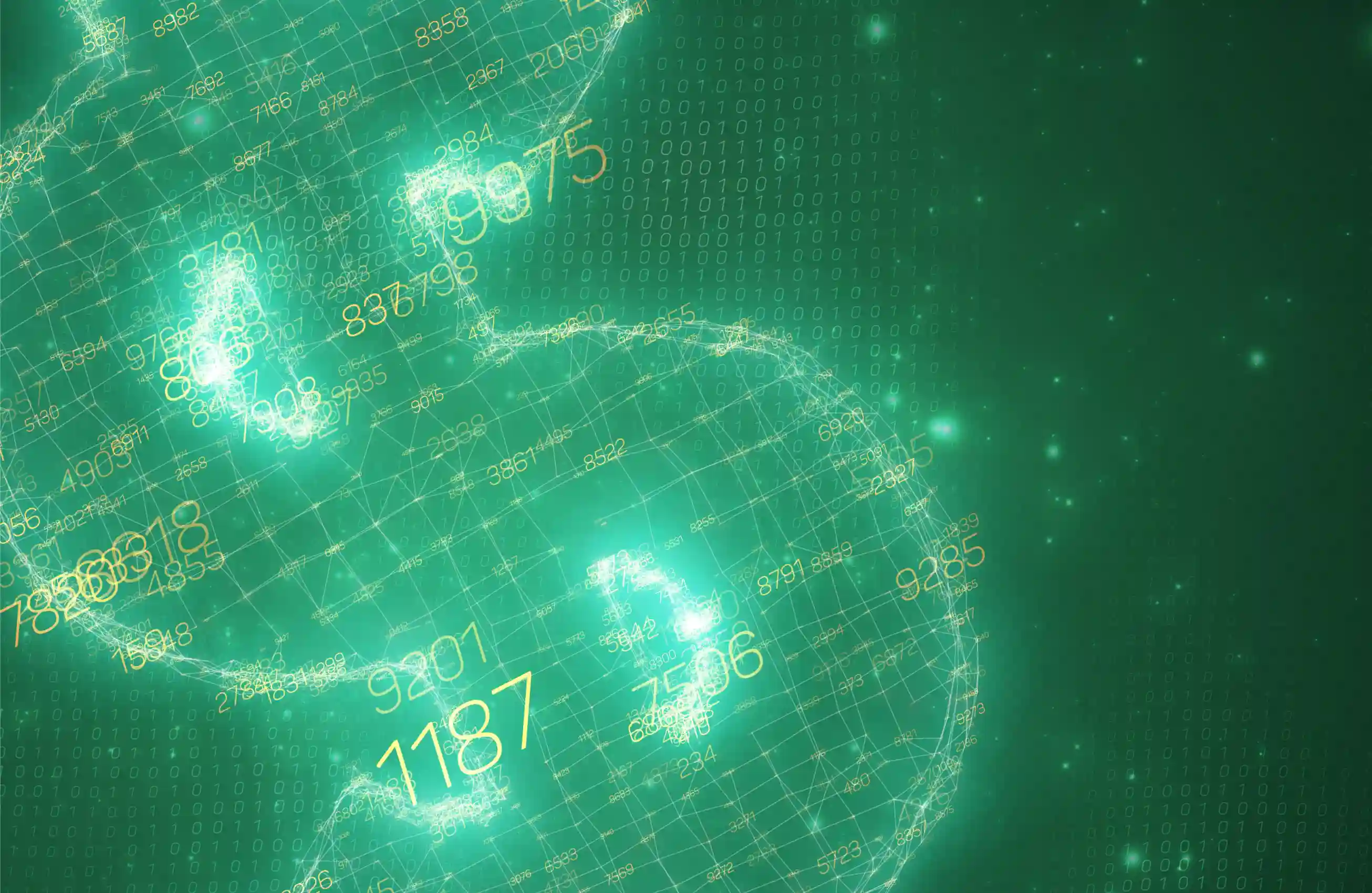 Visual digital abstrato em tons de verde mostrando malha esférica com números, grades e padrões de 0s e 1s, sugerindo dados, redes e análise numérica em escala global.