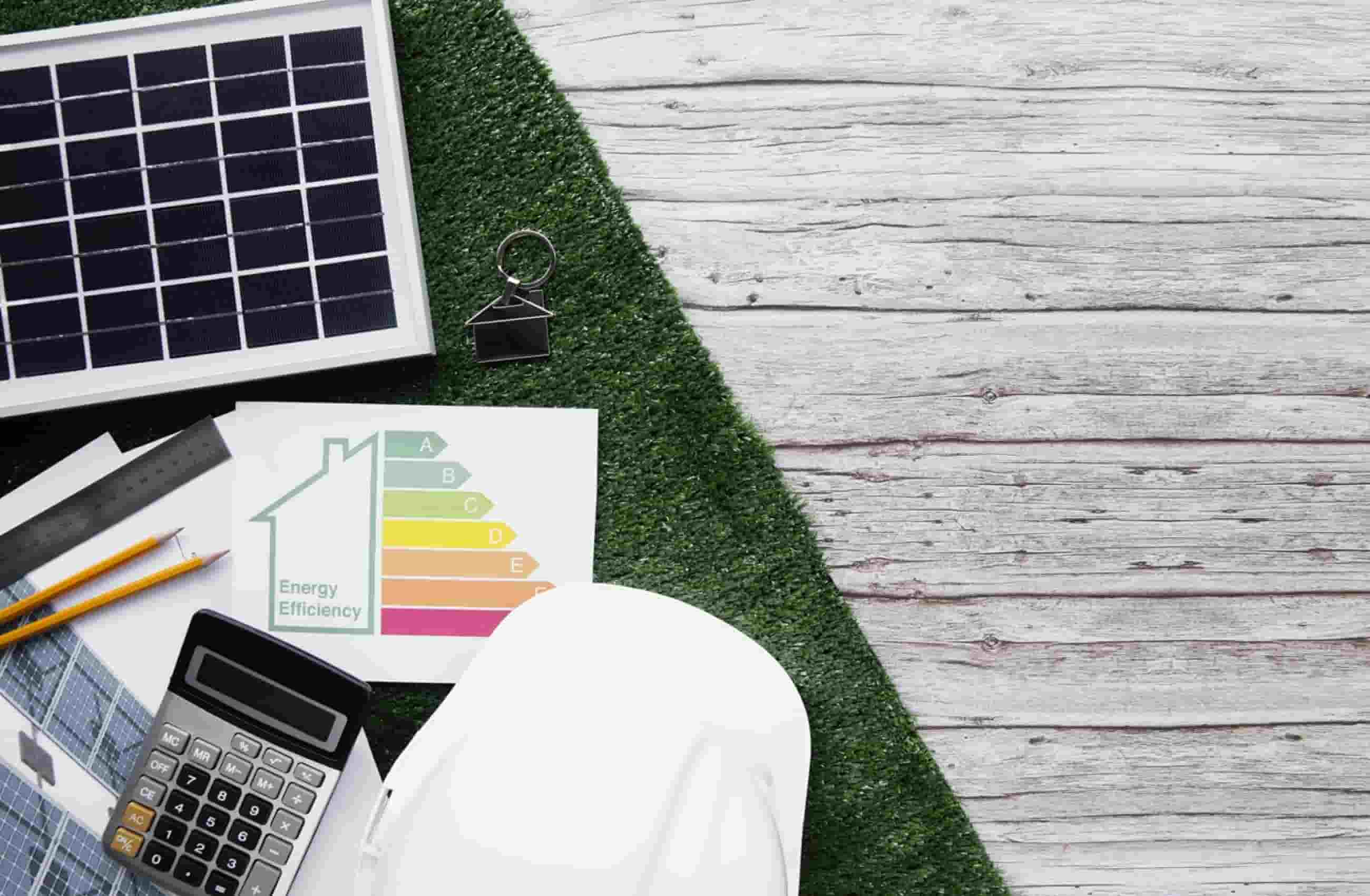 Papel mostrando gráfico de eficiência energética. Ao lado tem uma calculadora e materiais de papelaria.