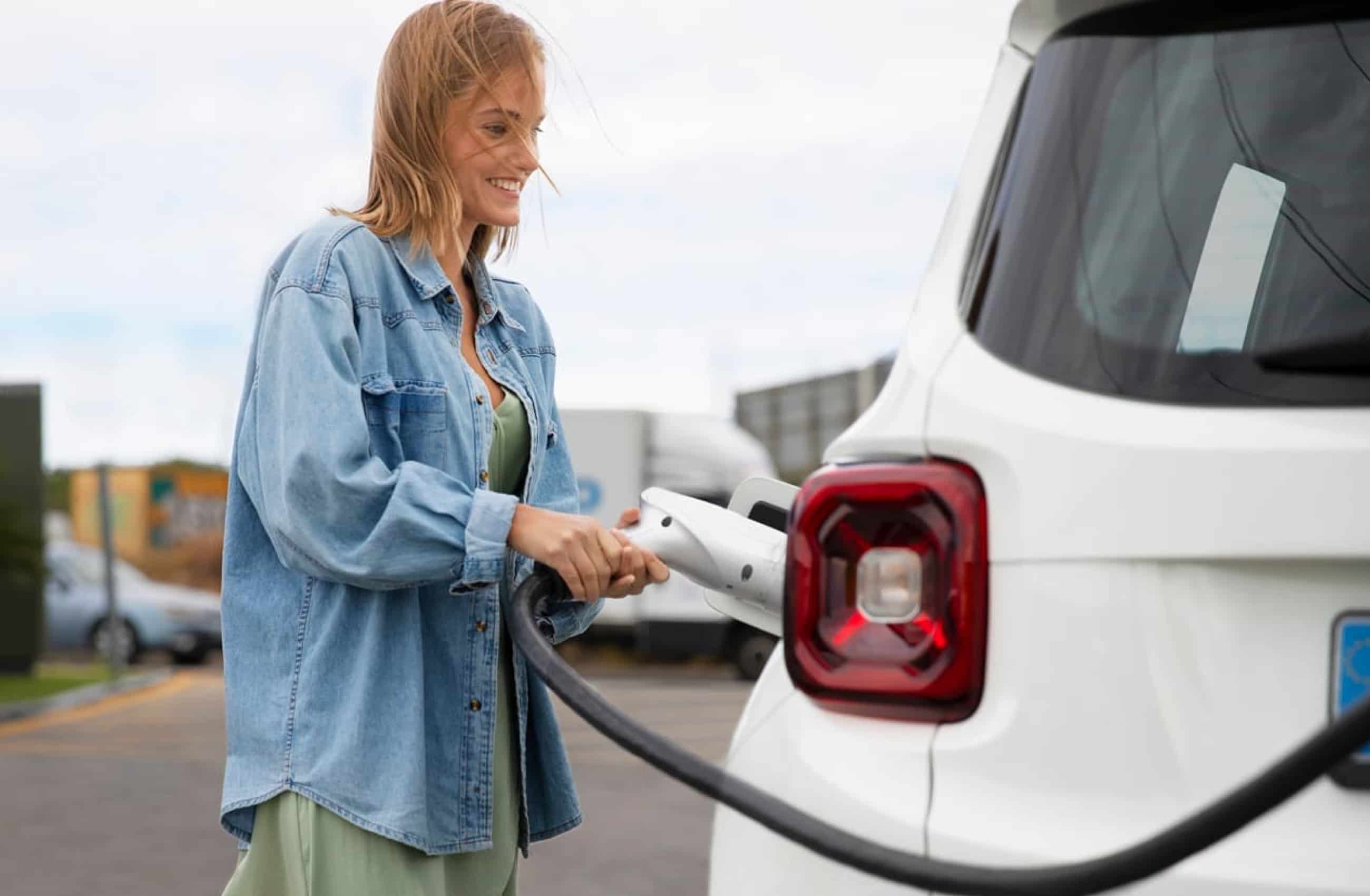 Mulher com vestido verde e blusa jeans está sorrindo enquanto coloca o carregador no seu carro branco em um eletroposto.