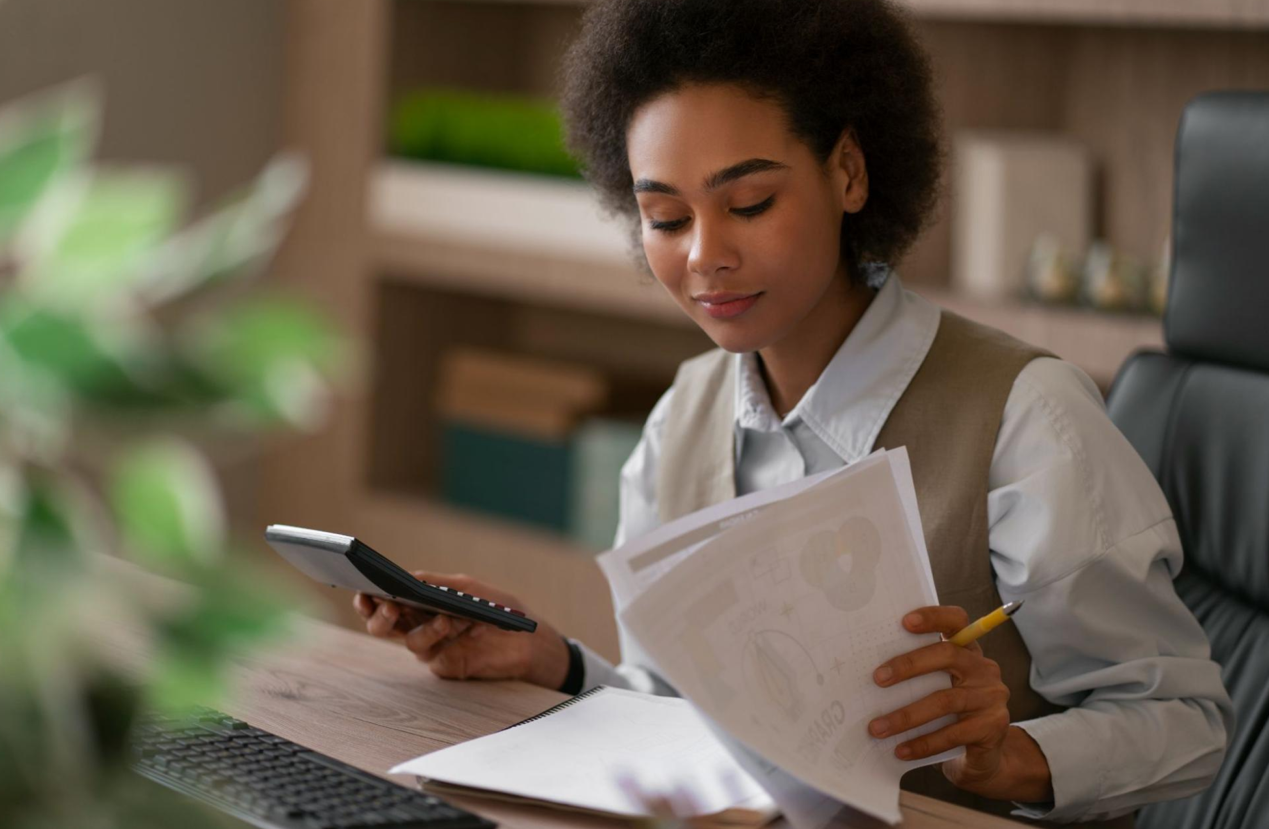 Mulher usando um colete marrom e camisa social, sentada à mesa de um escritório. Ela segura uma calculadora em uma mão e analisa papéis na outra. À frente dela, há um teclado e um caderno sobre a mesa de madeira.