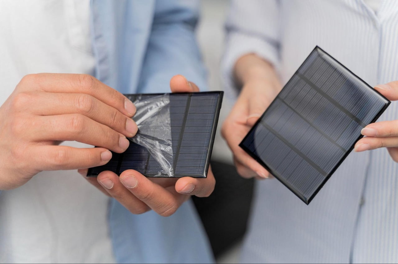 Pessoas segurando células solares em ambiente interno, analisando o produto.