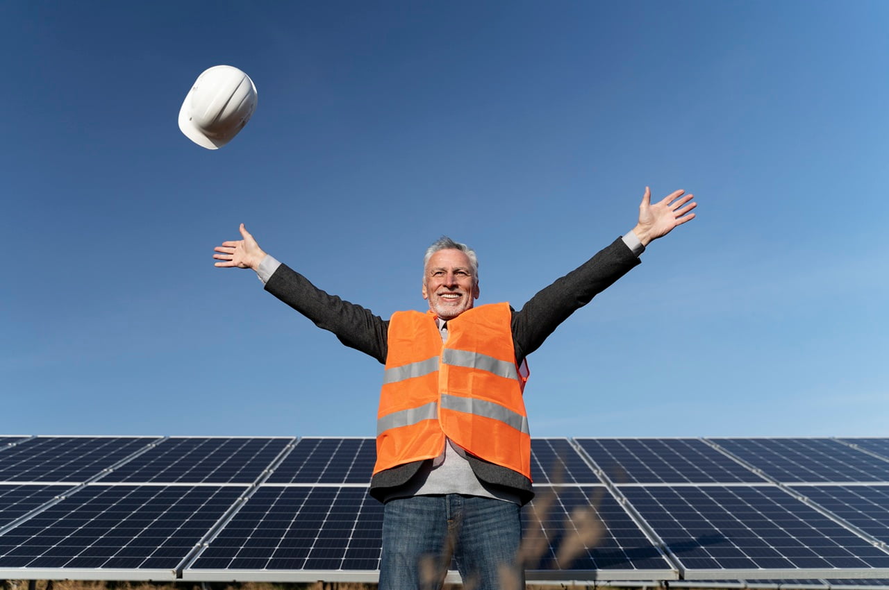 Homem sorridente vestindo um colete refletivo laranja e com os braços erguidos, em comemoração à instalação de painéis solares, que se encontram ao fundo.