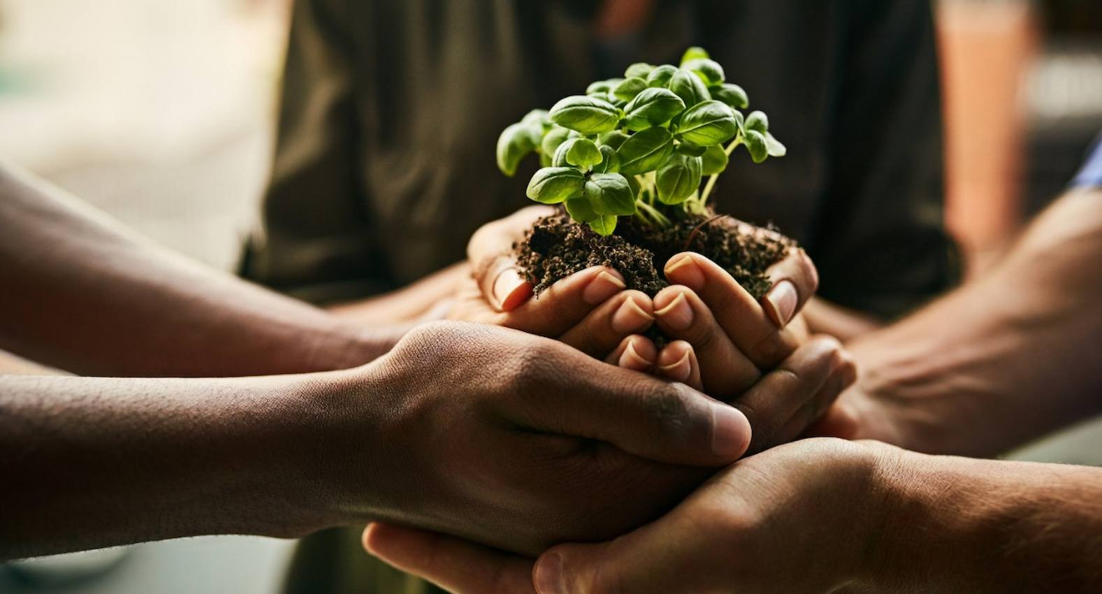 A imagem mostra três pessoas com as mãos empilhadas, segurando uma muda de planta.