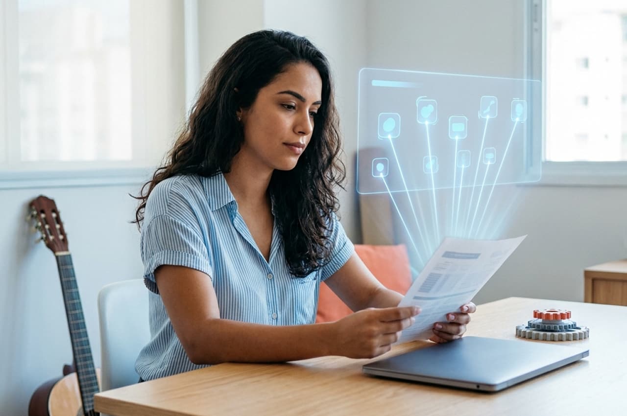 Mulher lendo documento impresso com projeção digital de ícones que explicam o que são royalties.