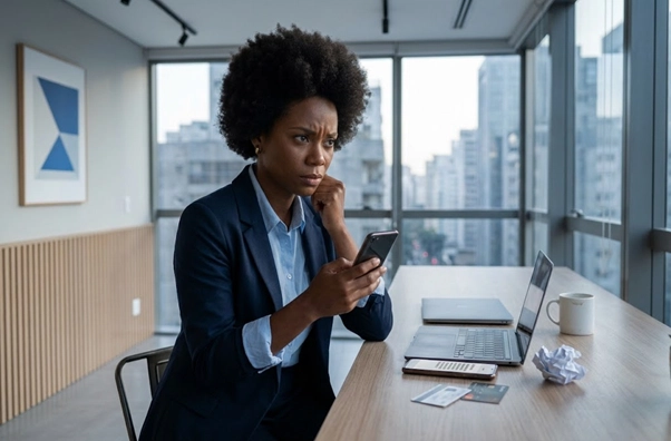 Mulher negra de blazer foca no celular com expressão preocupada, em um escritório moderno com laptops e cartões sobre a mesa de madeira.