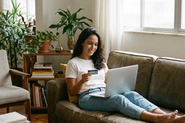 Mulher sorridente sentada no sofá usando notebook e cartão para comprar pela internet.