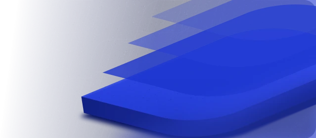 Formas geométricas azuis sobrepostas, com blocos retangulares arredondados em perspectiva sobre fundo branco.