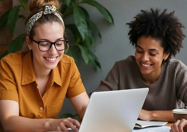 Colaboradores trabalhando juntos em frente a um laptop em ambiente de escritório moderno.