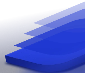 Formas geométricas azuis sobrepostas, com blocos retangulares arredondados em perspectiva sobre fundo branco.