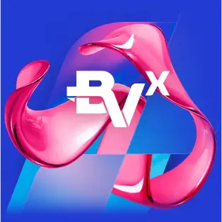 Imagem em forma de onda com textura de vidro na cor magenta aplicada com hastes transparentes e logo BVx