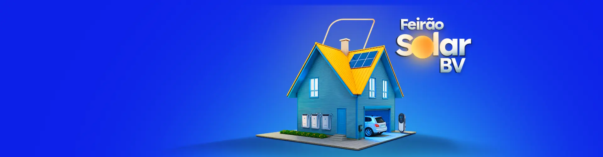 Casa azul de dois andares, painéis solares no telhado e carro elétrico na garagem. Logo Feirão Solar BV no canto.