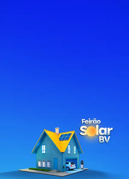 Casa azul de dois andares, painéis solares no telhado e carro elétrico na garagem. Logo Feirão Solar BV no canto.