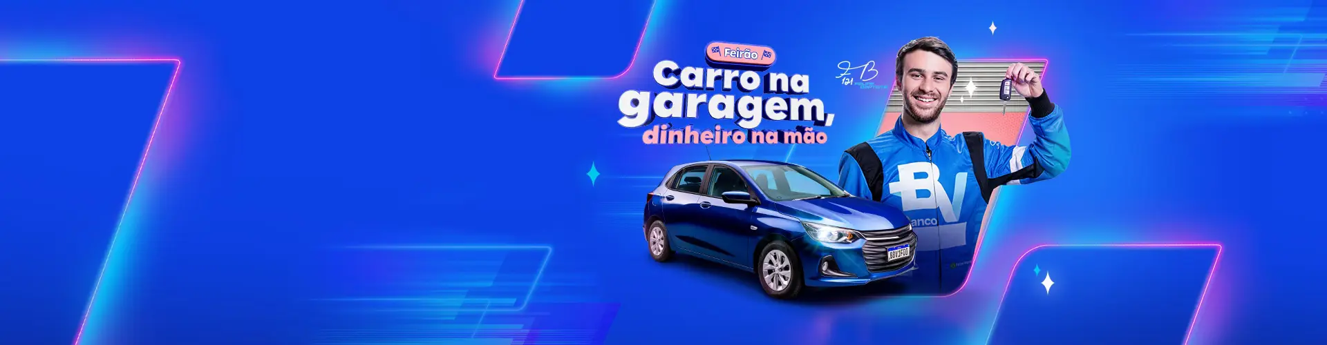 Piloto da Stock Car patrocinado pelo banco BV, Felipe Baptista, segurando uma chave de carro ao lado de um veículo.