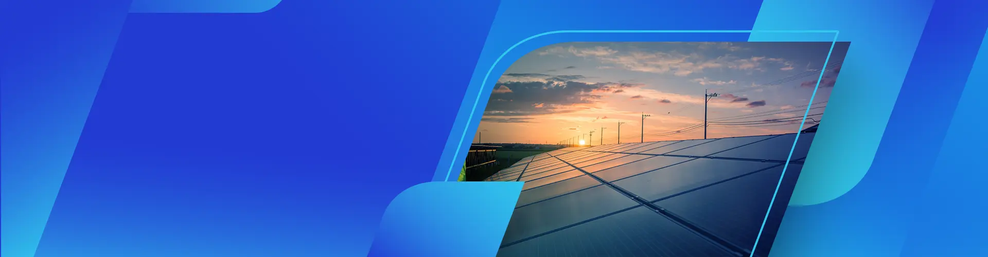 Em um fundo azul, a imagem, do lado direito, mostra placas solares e, ao fundo, o pôr do sol.