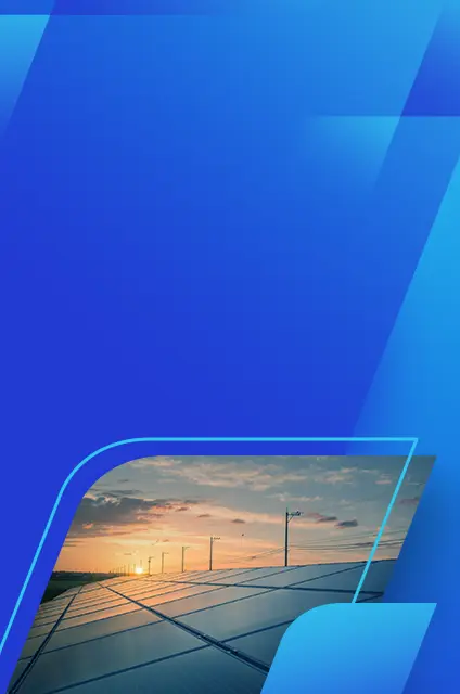 Em um fundo azul, a imagem, do lado direito, mostra placas solares e, ao fundo, o pôr do sol.