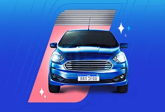 Um carro azul está posicionado na frente de uma haste rosa com o logo do BV