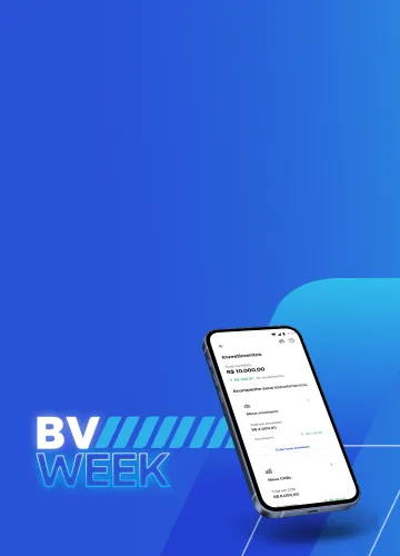 Imagem com fundo azul escuro e hastes azul claro. No lado direito, temos o nome BV Week com um celular aberto no app BV.
