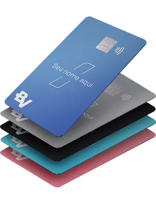 Composição visual com todos os tipos de cartões do banco BV empilhados.