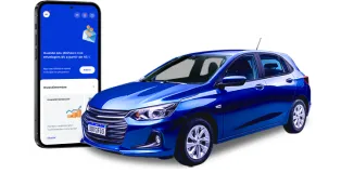 Montagem fotográfica de carro ao lado de um celular com o app do banco BV na tela.