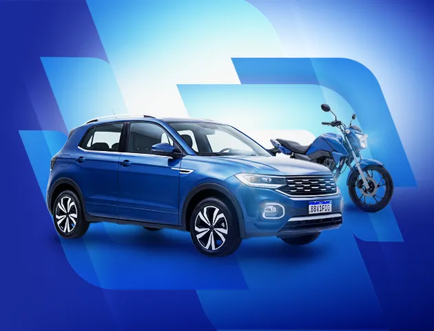 Fundo com ilustrações geométricas em tons de azul ao fundo. No canto direito, um carro e uma moto azuis.