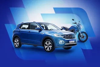 Fundo com ilustrações geométricas em tons de azul ao fundo. No canto direito, um carro e uma moto azuis.