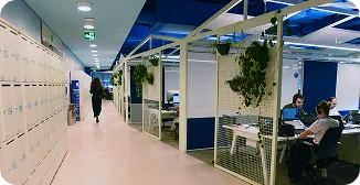 Em um ambiente corporativo, algumas pessoas estão sentadas em frente aos computadores.