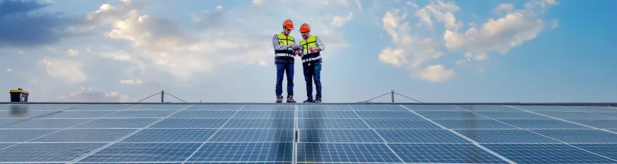 Dois homens com equipamentos de segurança observando anotações em frente a painéis solares.