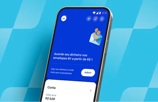 A imagem tem um fundo azul-claro com a tela de um celular mostrando o app BV.