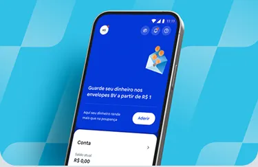 A imagem tem um fundo azul-claro com a tela de um celular mostrando o app BV.