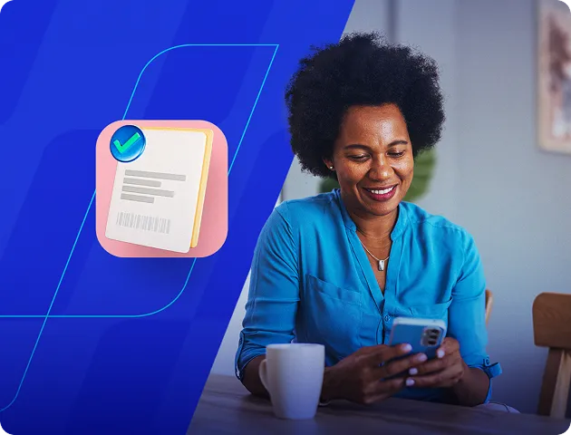 Uma mulher sorridente olhando para a tela do celular. Ao lado, a ilustração de um boleto.