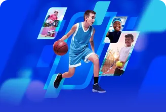 Um menino ao centro jogando basquete, nas laterais, uma menina de longboard, menina com touca de natação e menino com raquete de tênis.