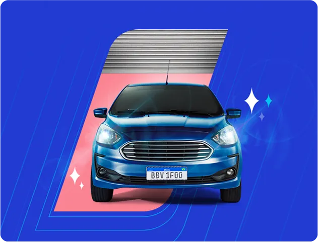 Carro azul de frente em uma garagem, com fundo gráfico azul e rosa. A imagem tem elementos de brilho ao redor.