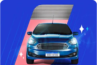 Carro azul de frente em uma garagem, com fundo gráfico azul e rosa. A imagem tem elementos de brilho ao redor.