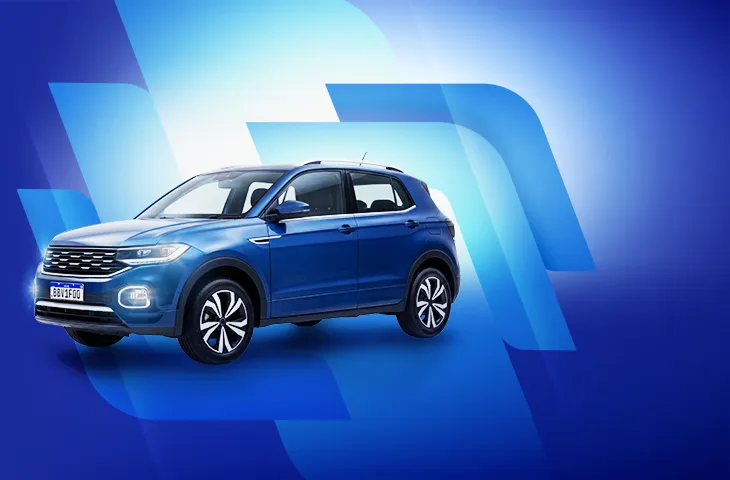 Fundo com ilustrações geométricas em tons de azul. No canto direito, um carro VW T-Cross azul.