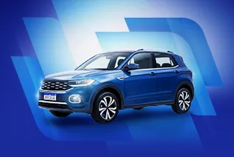Fundo com ilustrações geométricas em tons de azul. No canto direito, um carro VW T-Cross azul.