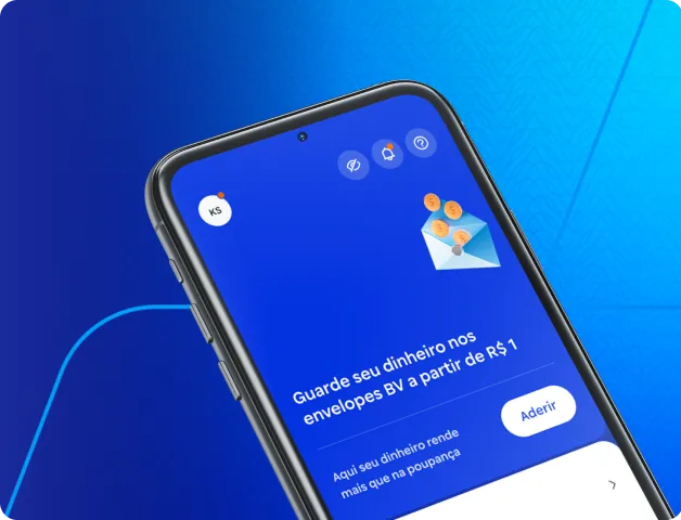Imagem da tela de um celular mostrando a função de envelopes do aplicativo BV. O texto na tela diz: