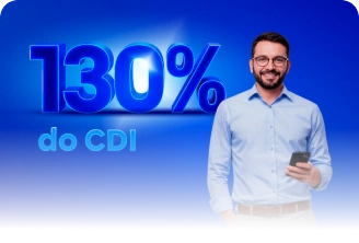 Imagem de fundo azul com um homem branco de óculos e barba no centro da imagem. Em segundo plano está escrito 130% do CDI.