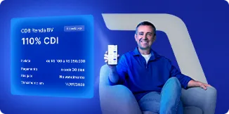 Em um fundo azul escuro, um homem sentado em poltrona cinza segura um smartphone com a tela voltada para a câmera. À esquerda, um quadro exibe o texto “CDB Renda BV – 110% CDI”, com informações adicionais de investimento entre R$ 100,00 e R$ 250.000. No canto superior direito está o logotipo do banco BV.