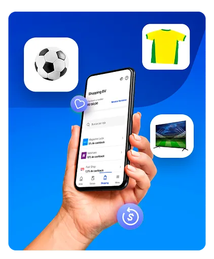 Mão segurando um celular com a tela aberta do Shopping BV, rodeado por ícones de futebol, como bola, camiseta esportiva amarela e verde e televisão, sobre fundo azul.