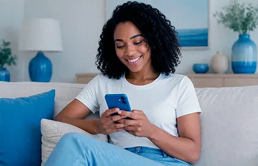 Mulher negra, vestindo uma camiseta branca, sentada em um sofá com o celular nas mãos e sorrindo.