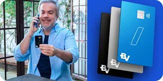Um homem sorri enquanto segura um cartão BV com uma mão e com a outra segura o celular ao lado da orelha. Ao lado, ilustração de cartões BV.