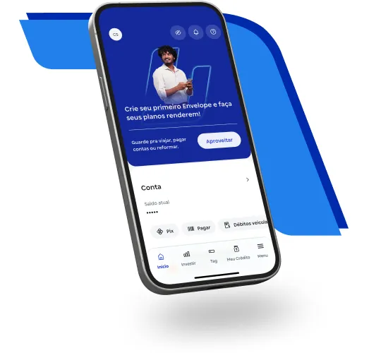 Celular mostrando a tela inicial do app do banco BV.