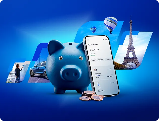Cofrinho azul em formato de porco e celular com app BV, moedas, carro, balões e Torre Eiffel em fundo azul.