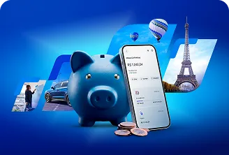 Cofrinho azul em formato de porco e celular com app BV, moedas, carro, balões e Torre Eiffel em fundo azul.