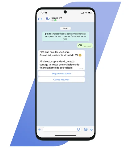 Ilustração de conversa entre cliente e o atendimento Whatsapp BV. Imagem ilustra o contato e apresenta a mensagem de boas vindas ao canal.