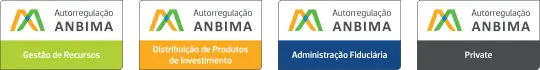 A imagem possui fundo branco com quatro selos de Autorregulação ANBIMA referentes a Gestão de Recursos, Distribuição de Produtos de Investimento, Administração Fiduciária e Private.