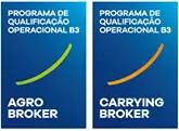 A imagem possui fundo branco com dois selos azuis do Programa de Qualificação Operacional B3 referentes a Agro Broker e Carrying Broker.