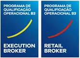 A imagem possui fundo branco com dois selos azuis do Programa de Qualificação Operacional B3 referentes a Execution Broker e Retail Broker