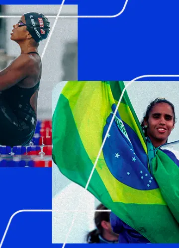 Uma composição de três imagens: à esquerda, a atleta Etiene Medeiros, de touca, óculos e maiô, preparada para saltar de costas na piscina; à direita, a atleta Ádria Santos levanta uma bandeira do Brasil.