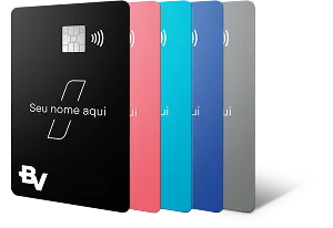 5 cartões de cores diferentes do banco BV enfileirados